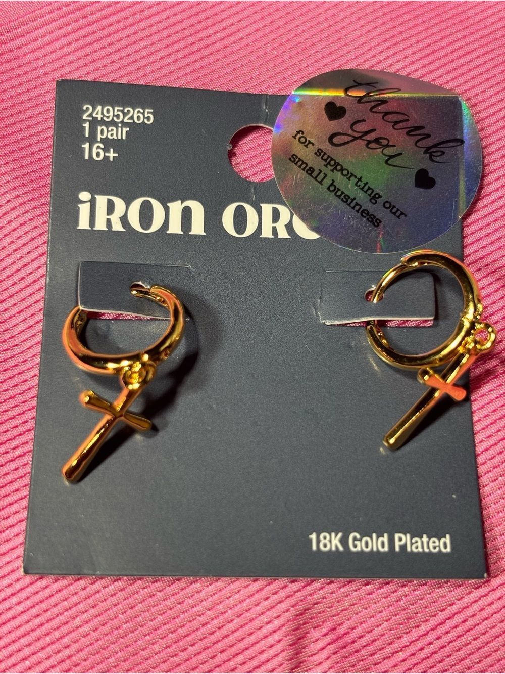 New 18K Gold Plated Cross Hoop Earrings